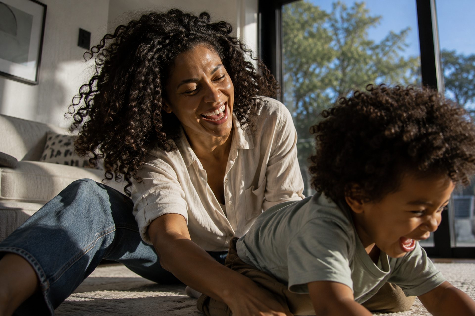 A mother laughing with her young son on the living room floor