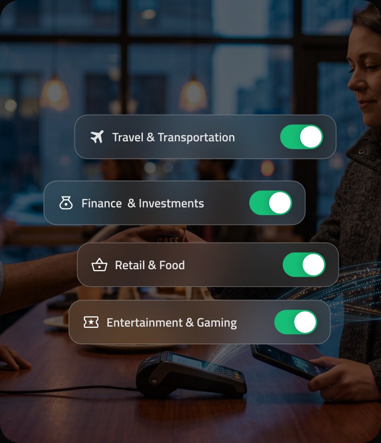 Toggles for travel and transportation, finance and investments, retail and food, and entertainment and gaming, each switched on