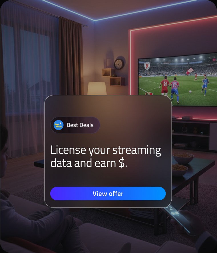 An offer card reading: license your streaming data and earn $, with a view offer button