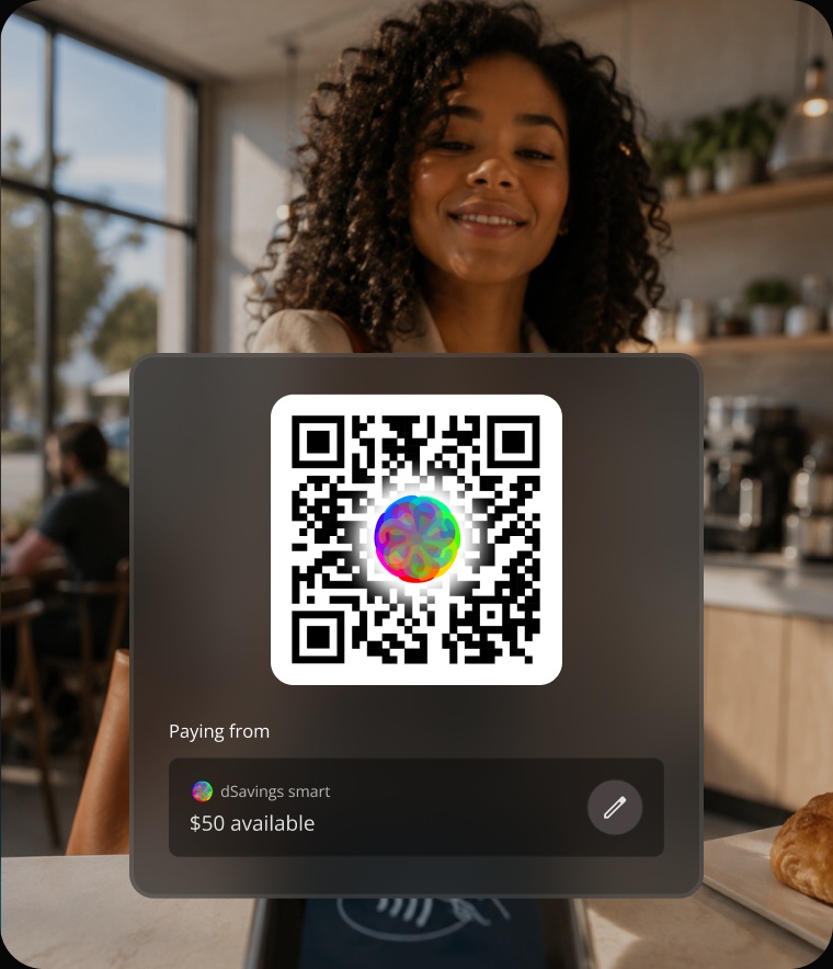 A woman smiling beside a QR code and a paying-from panel showing $50 available